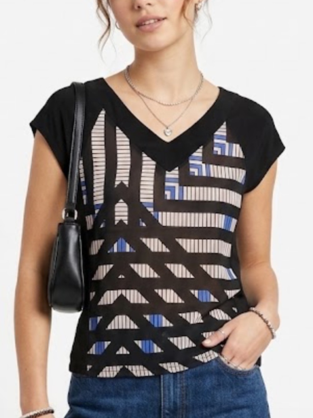 Women's 90’s Geometric Graphic V-Neck Top Black Neutral Striped Cap Sleeve Tee